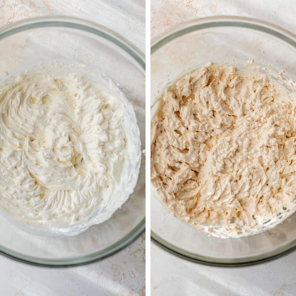 2 images: the left image shows heavy cream and sugar whipped together and the right image shows cottage cheese folded into the mixture