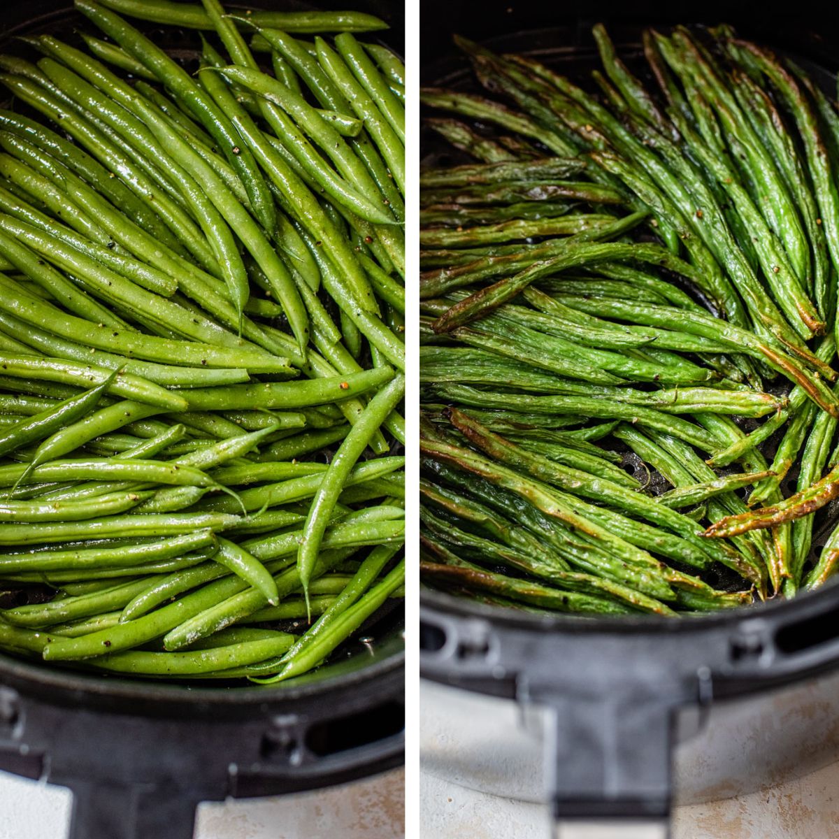 2 images: the left image shows green beans added to an air fryer and the right image shows the green beans roasted in the air fryer