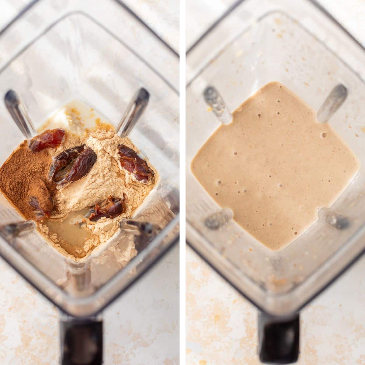 2 images: the left image shows all ingredients added to a blender and the right image shows everything blended together
