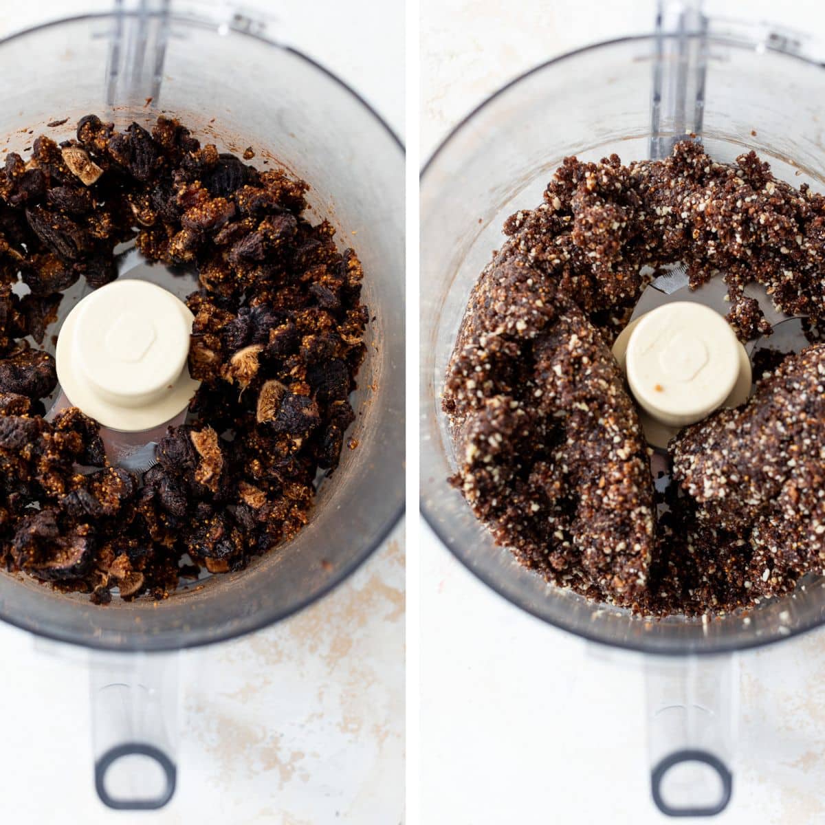 2 images: the left image shows figs added to a food processor and the right image shows figs and nuts blended together in a food processor