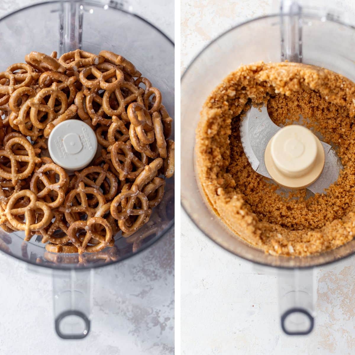 2 images: the left image shows pretzels added to a food processor and the right image shows pretzels blended together in a food processor