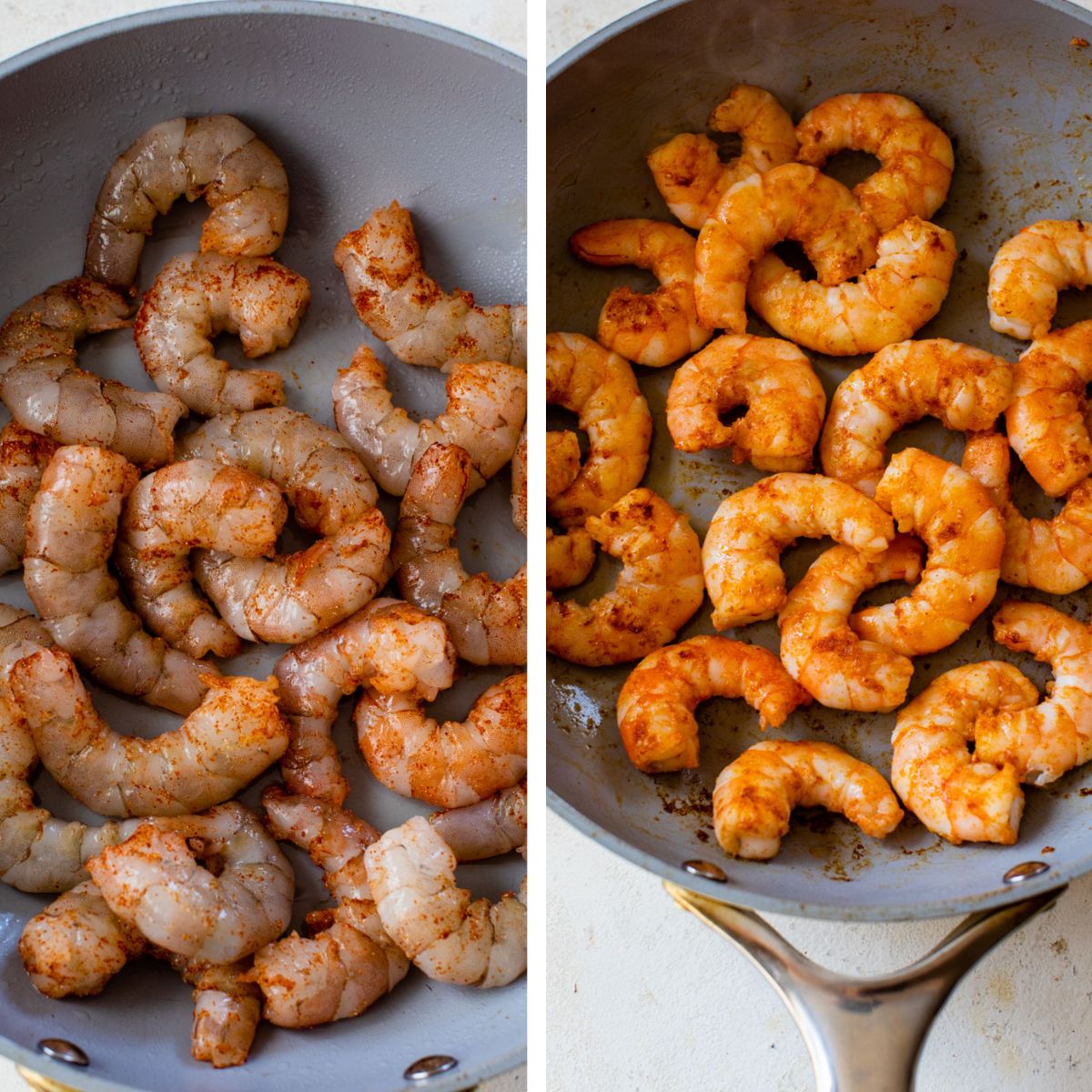 2 images: the left image shows shrimp cooking in a skillet and the right image shows the shrimp flipped over and continuing to cook