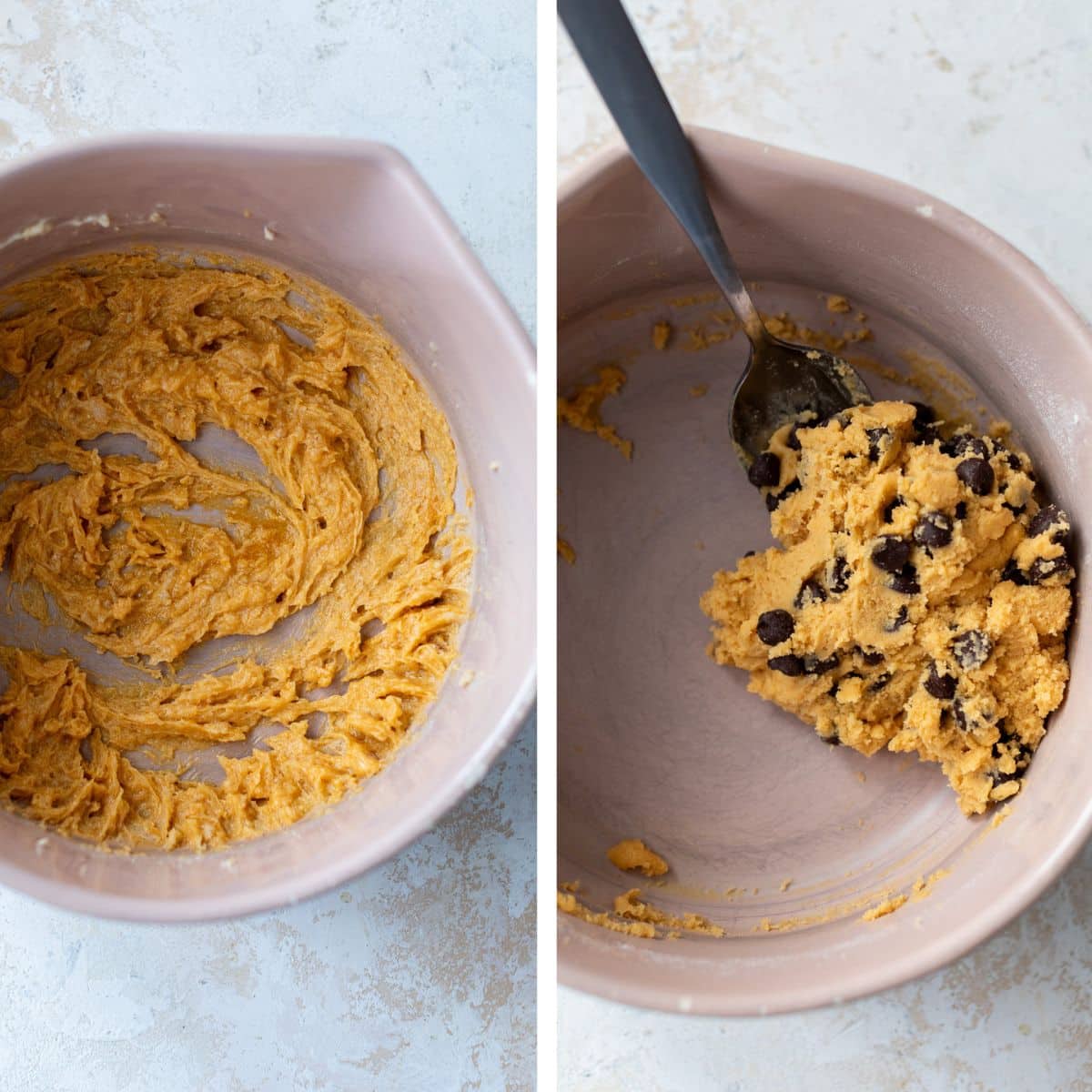 2 images: the left image shows cookie batter in a bowl and the right image shows chocolate chips added to the batter with a spoon