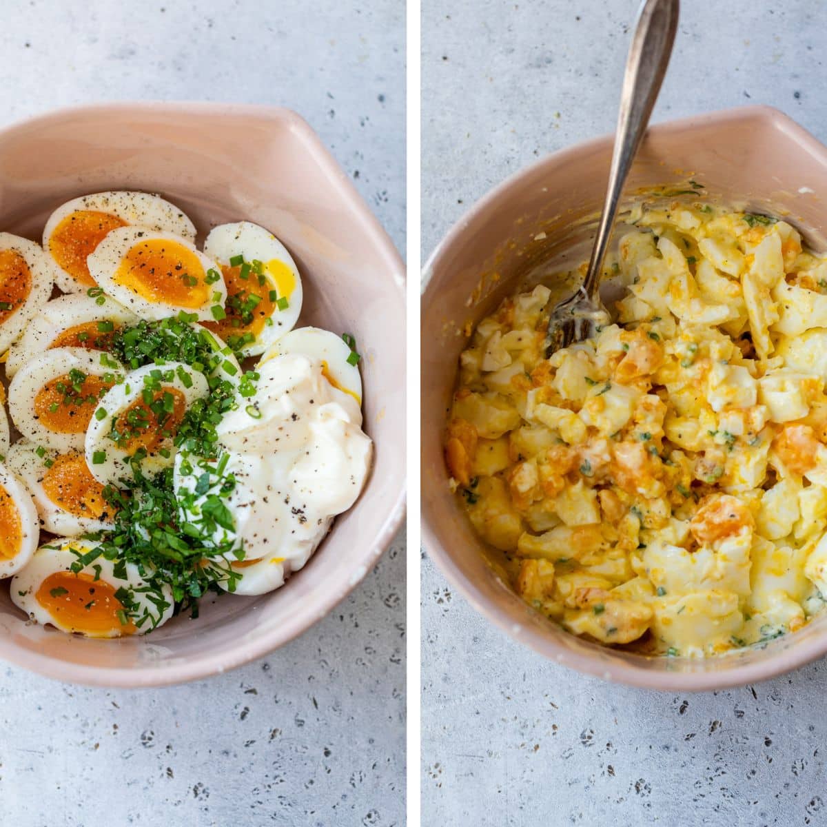 2 images: the left image shows all ingredients added to a bowl and the right image shows everything mashed together with a fork