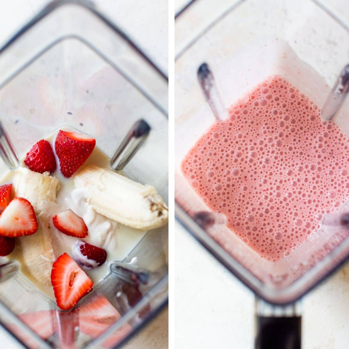 2 images: the left image shows all ingredients added to a blender and the right image shows the ingredients blended together