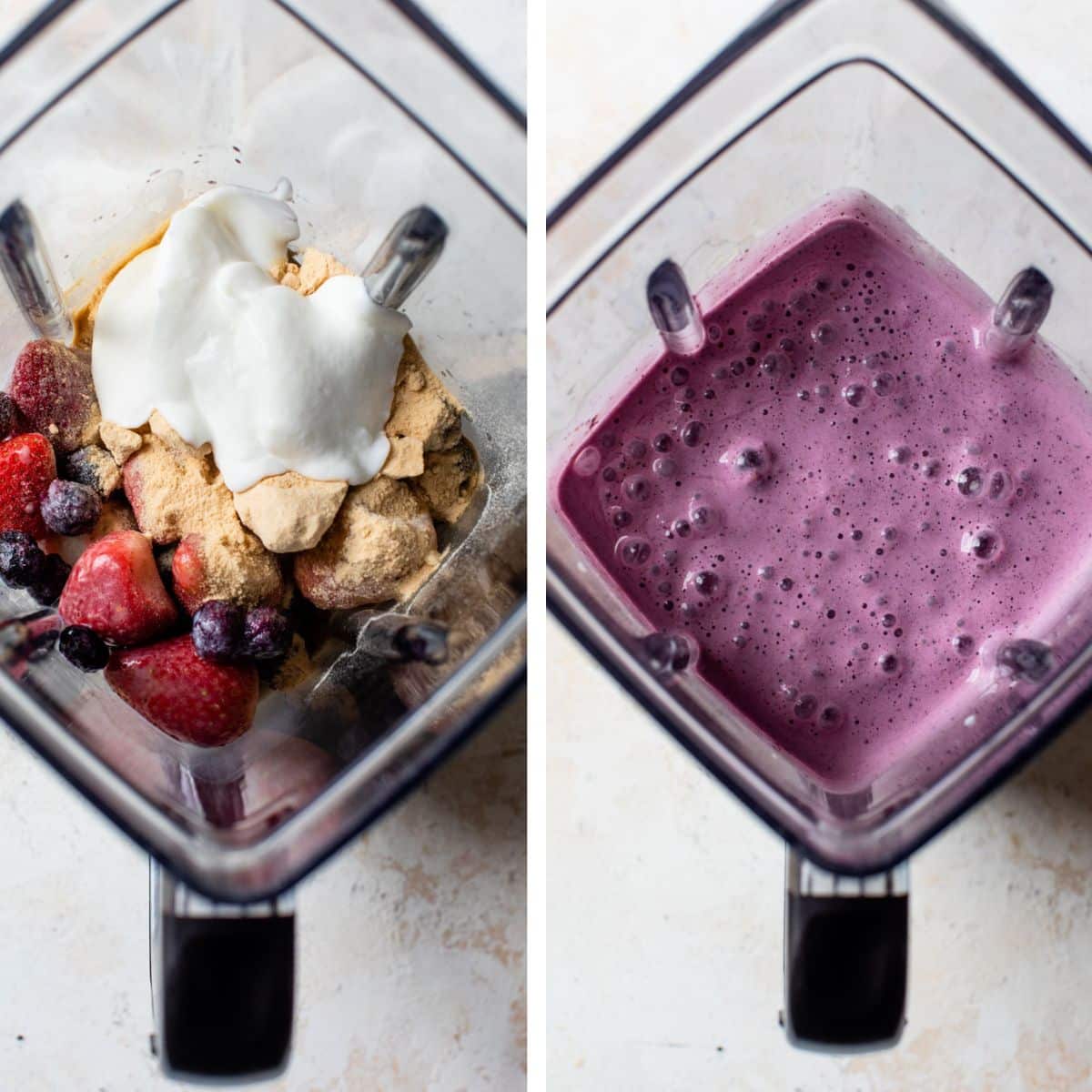 2 images: the left image shows all smoothie ingredients in a blender and the right image shows the ingredients blended