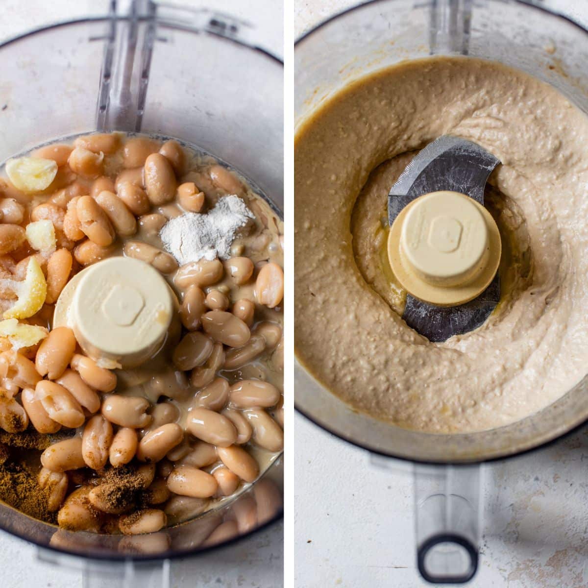 2 images: the left image shows all ingredients added to a food processor and the right image shows the hummus blended together