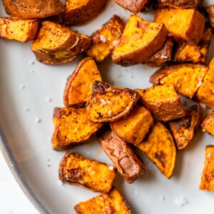 close up of diced sweet potatoes