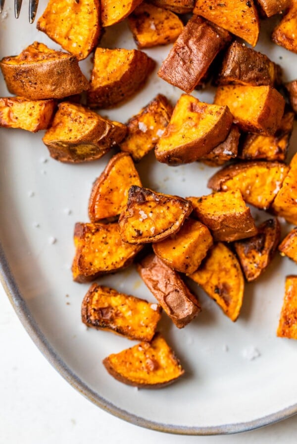 close up of diced sweet potatoes