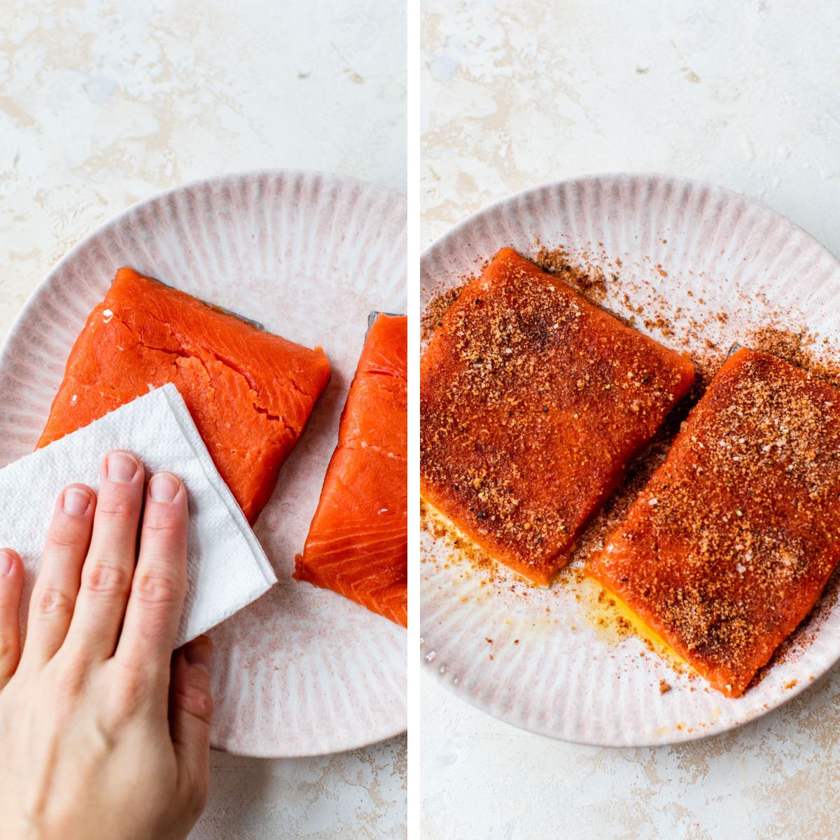 2 images: the left image shows raw salmon being patted dry with a paper towel and the right image shows the seasonings being added to the salmon