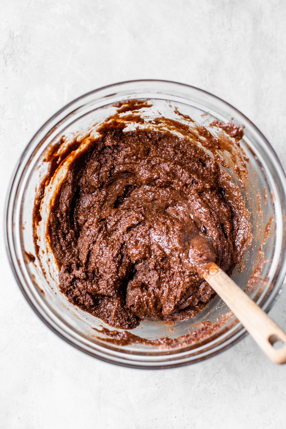 chocolate cake batter in a glass bowl