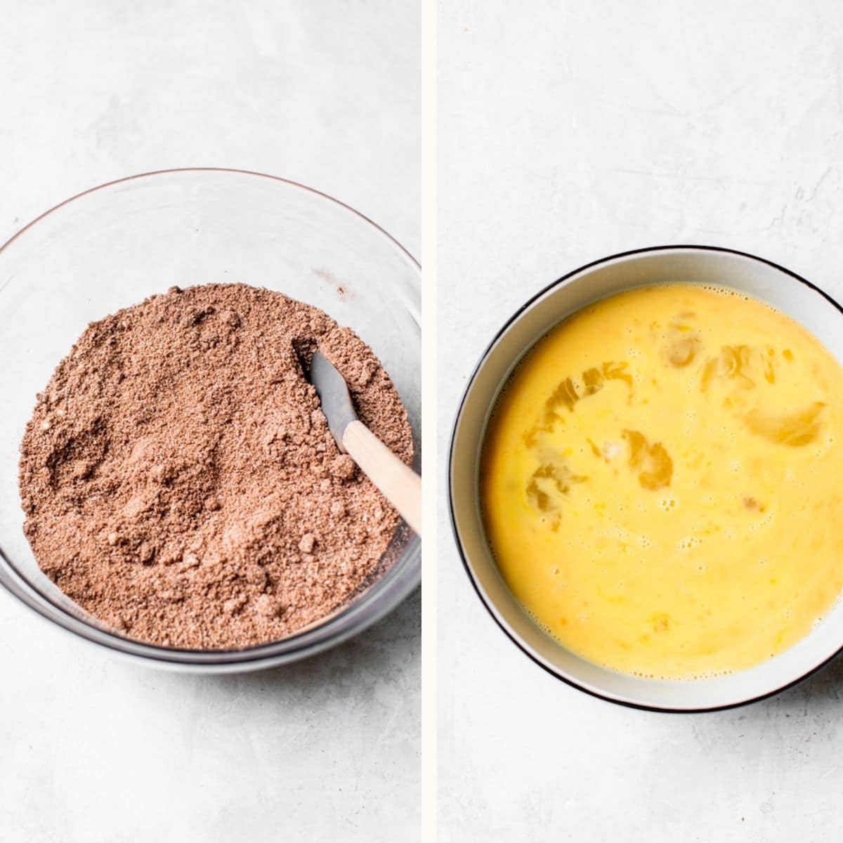 dry cake ingredients and whisked eggs in a bowl