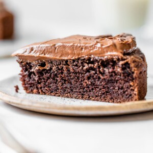 a slice of chocolate cake on a small plate