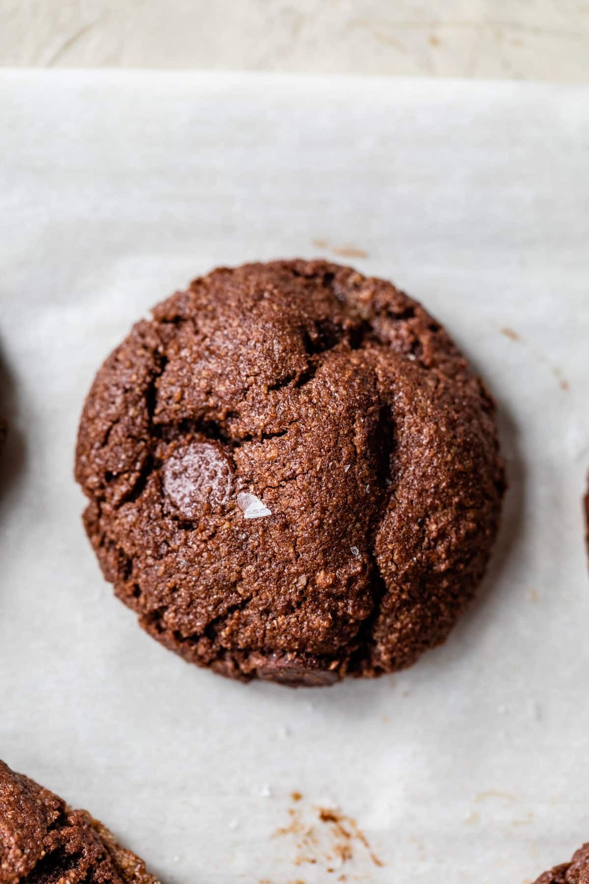 chocolate cookie with chocolate chips on parchment paper