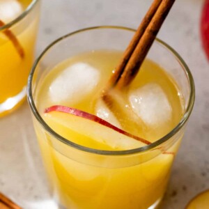 apple cider punch in a glass with ice and a cinnamon stick