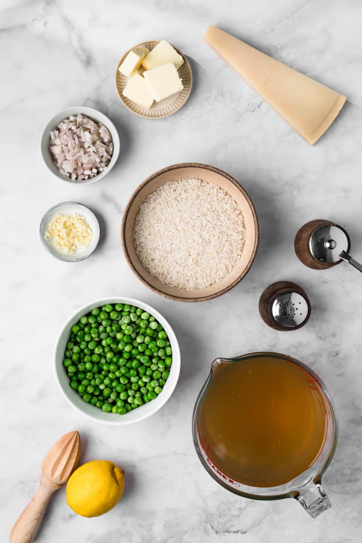 overhead view of the ingredients for baked risotto.