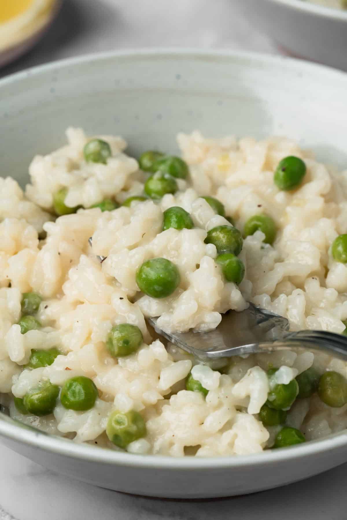 side view of a fork in a bowl of baked risotto.