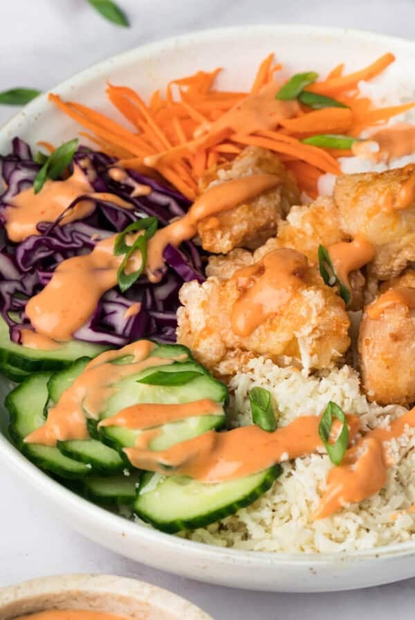 side view of a bang bang chicken bowl.