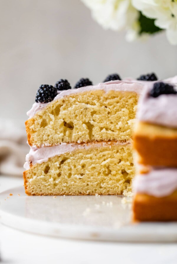 a two layer cake with a slice taken out of it