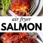 2 images: the top image shows cooked salmon on a plate with a fork and the bottom image shows a zoomed in photo of the salmon