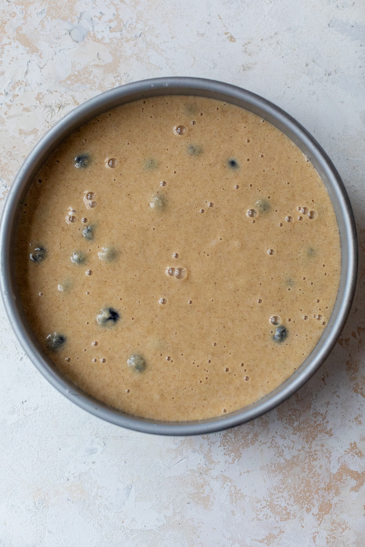 blueberry cake batter in a cake pan