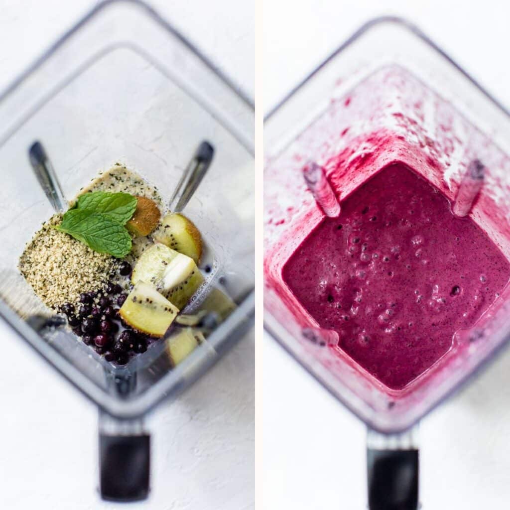 blender with ingredients on the left and blended up on the right