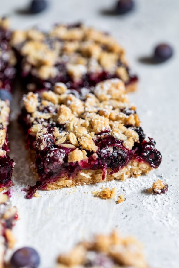 close up on a blueberry pie bar.