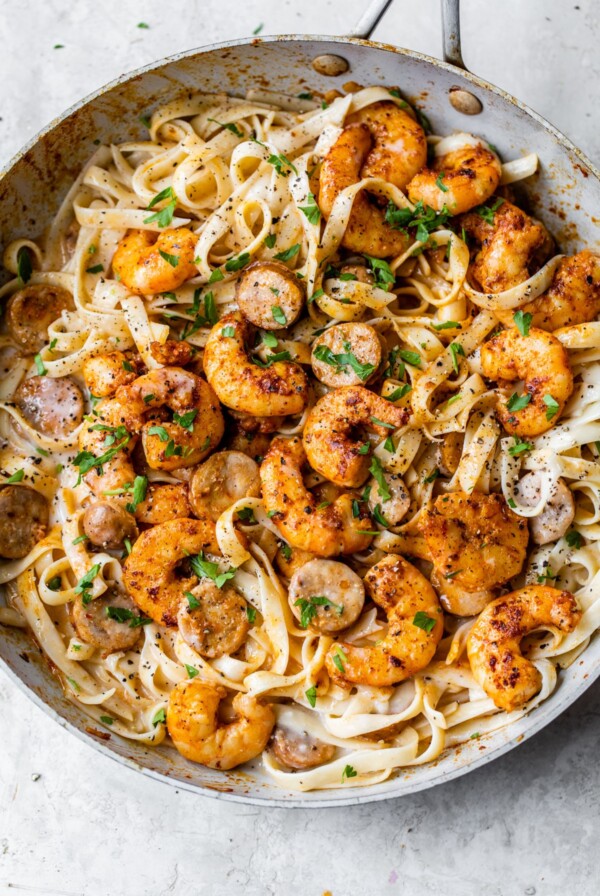 skillet with fettuccine, shrimp and chicken sausage