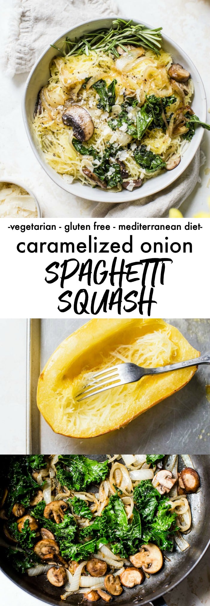 A collage of three images: a bowl of cooked spaghetti squash, spaghetti squash being scraped out and a skillet with cooked mushrooms and kale