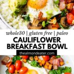 breakfast bowl with a fried egg and text over top