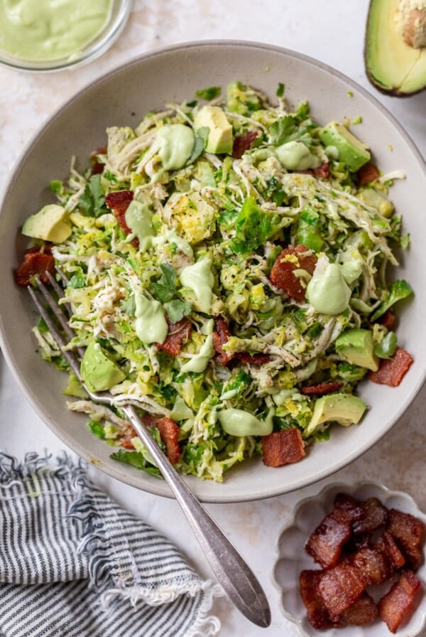 chicken brussels sprouts salad in a bowl with a fork