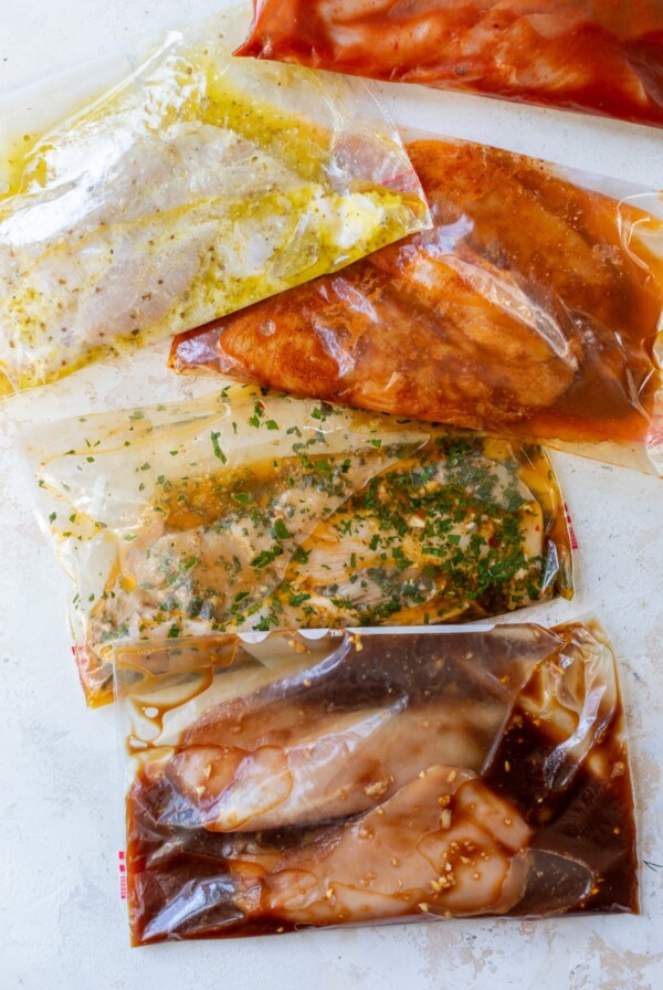 all five chicken marinades in plastic bags