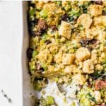 casserole dish with stuffing and text overlay