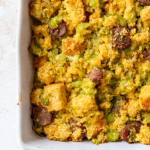 overhead view of baked Chicken Sausage Cornbread Stuffing.