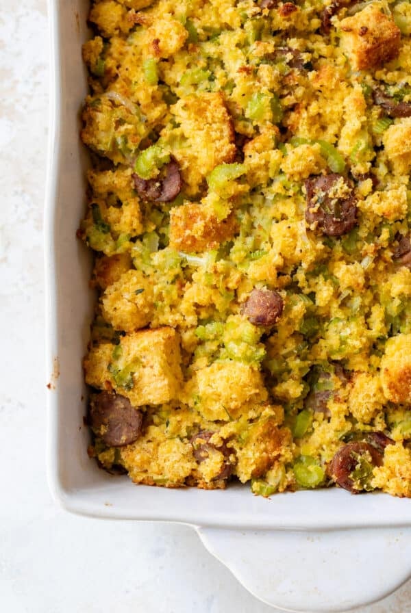 overhead view of baked Chicken Sausage Cornbread Stuffing.
