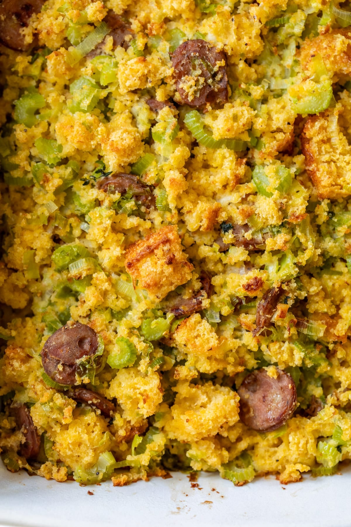 overhead view of baked Chicken Sausage Cornbread Stuffing.