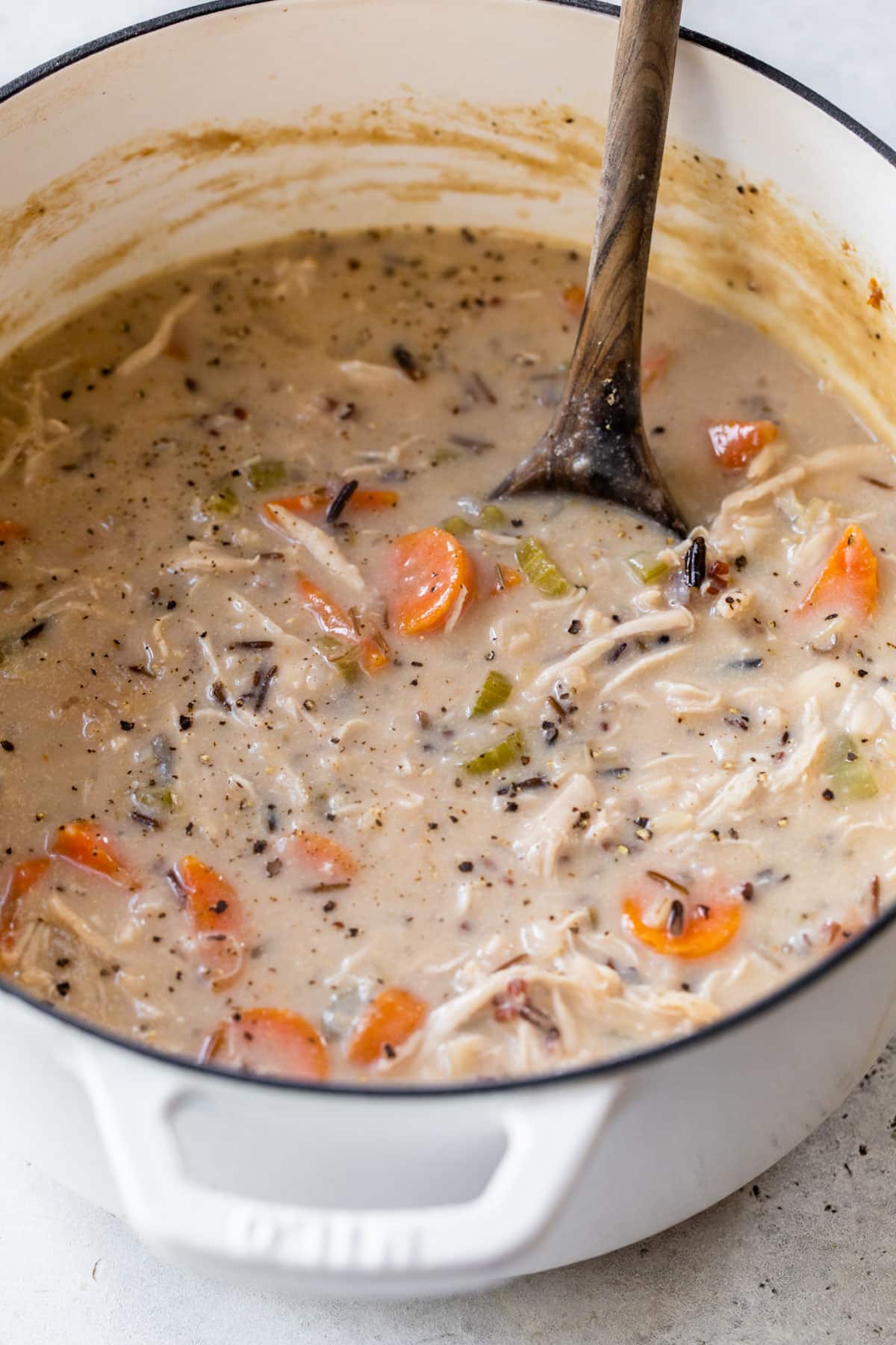 chicken wild rice soup in a dutch oven