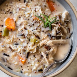 close-up of chicken wild rice soup in a bowl with a spoon