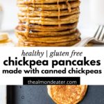 stack of pancakes topped with banana, peanut butter and maple syrup