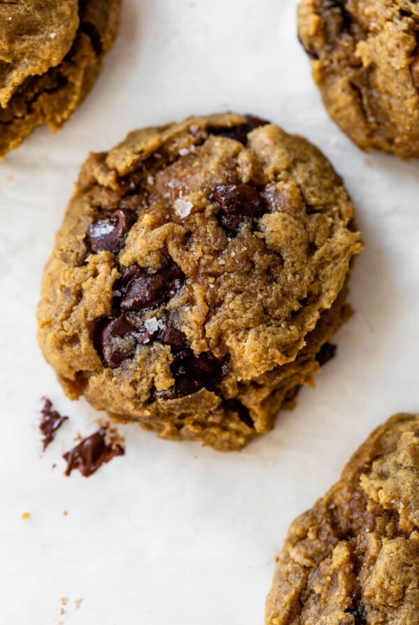 a soft and chewy chocolate chip cookie topped with sea salt