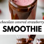 strawberry smoothie with melted chocolate on the inside of the glass
