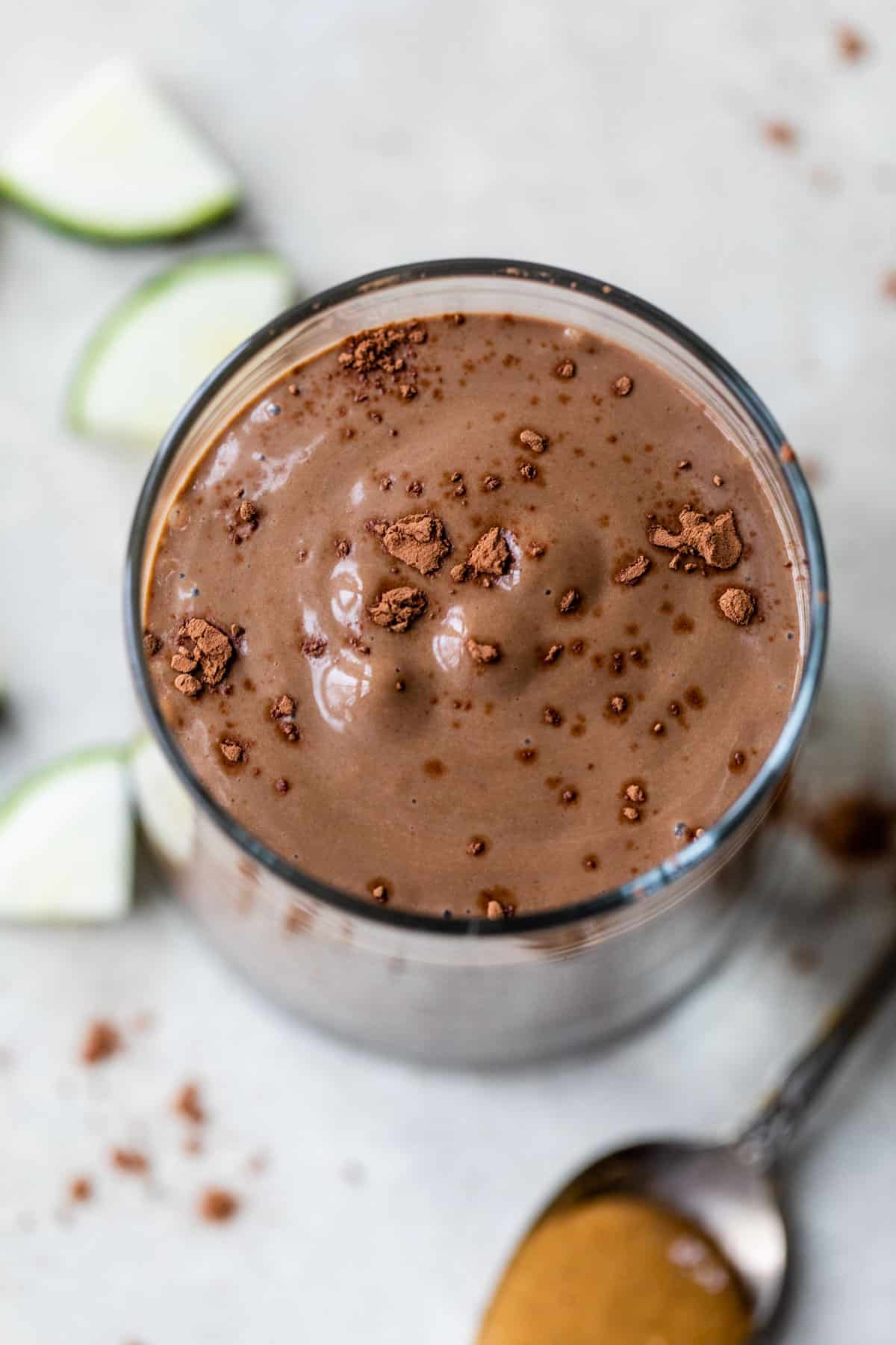 overview of chocolate zucchini smoothie in a glass