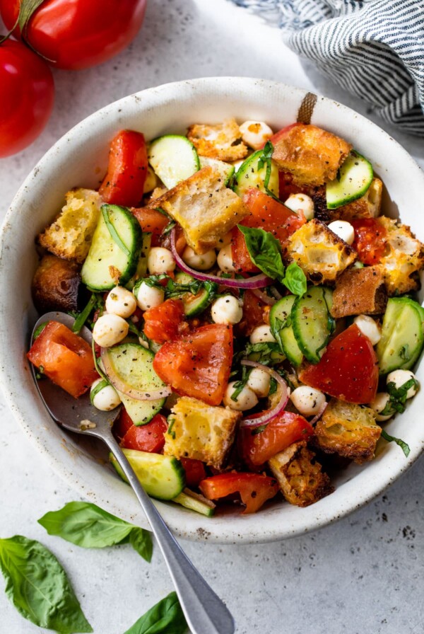 overview of a classic panzanella salad in a bowl with a spoon