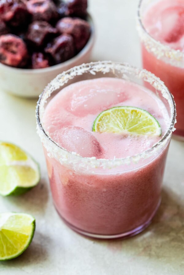 cherry margarita lined with shredded coconut