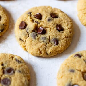 baked chocolate chip Coconut Flour Cookies on a white surface.