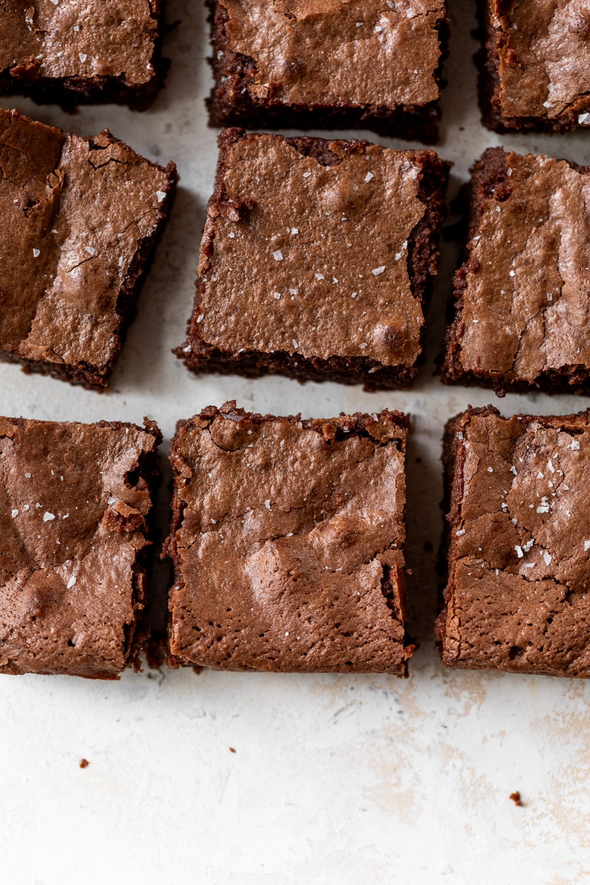 overhead view of sliced cottage cheese brownie squares in rows.