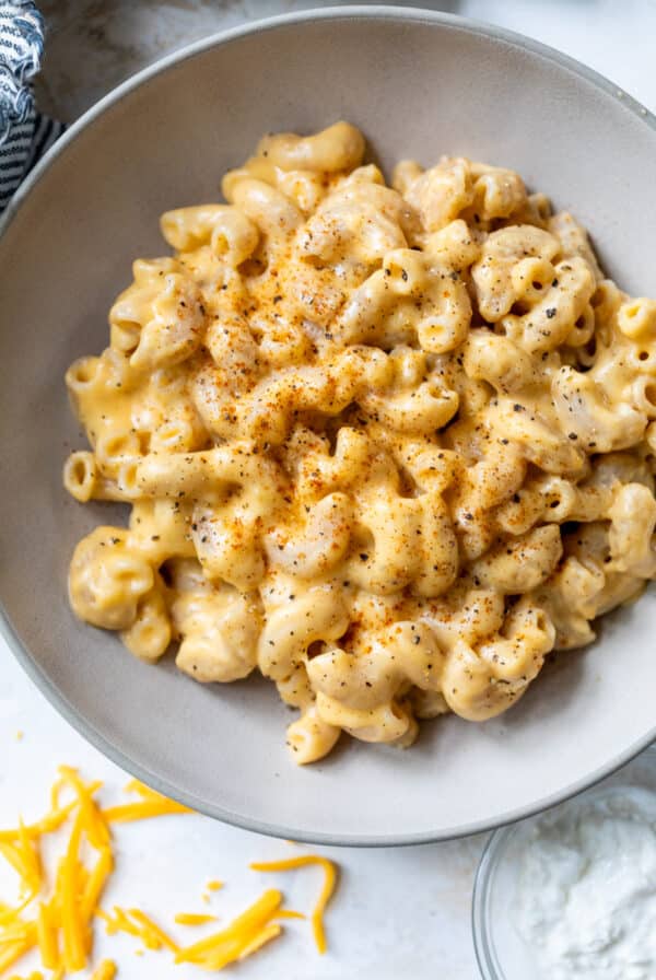 overhead view of a bowl filled with cottage cheese mac and cheese.