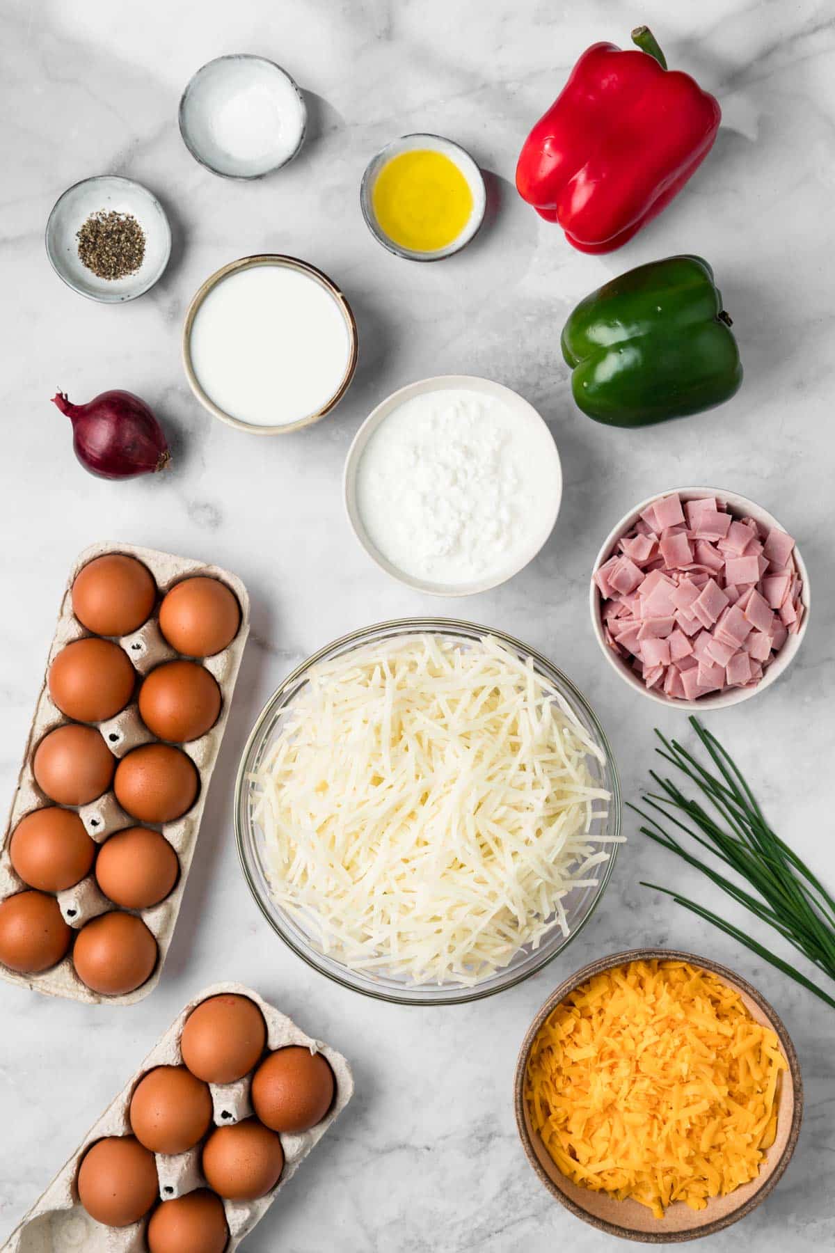 overhead view of the ingredients for a crockpot breakfast casserole.