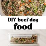 two images: one of a ground beef and vegetable mix in a dutch oven and one in meal prep containers
