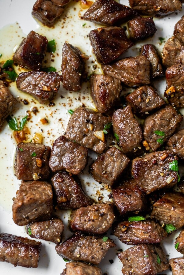 cut steak in a skillet
